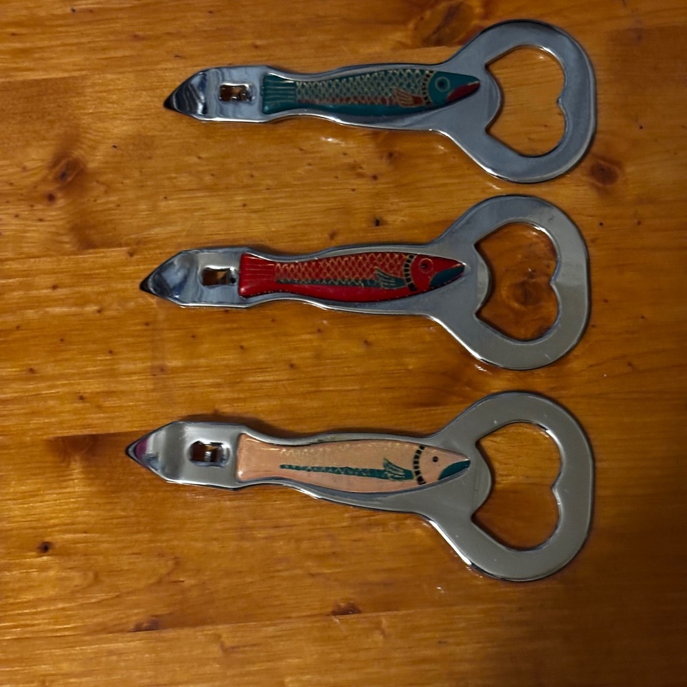 Vintage Stainless Steel Bottle Can Openers (3) Enameled Fish Motifs SET #2